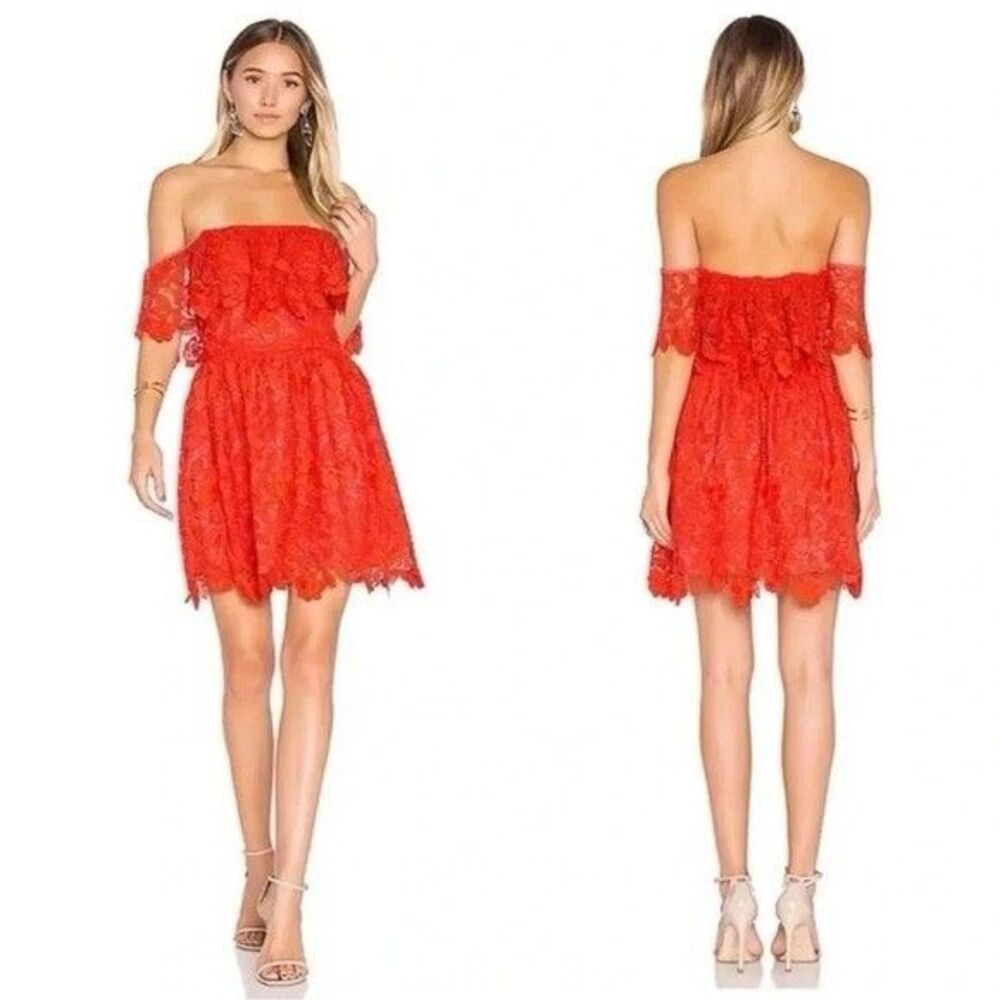 Lovers + Friends Mini Dress MEDIUM Dream Vacay Off Shoulder Red Lace Women’s